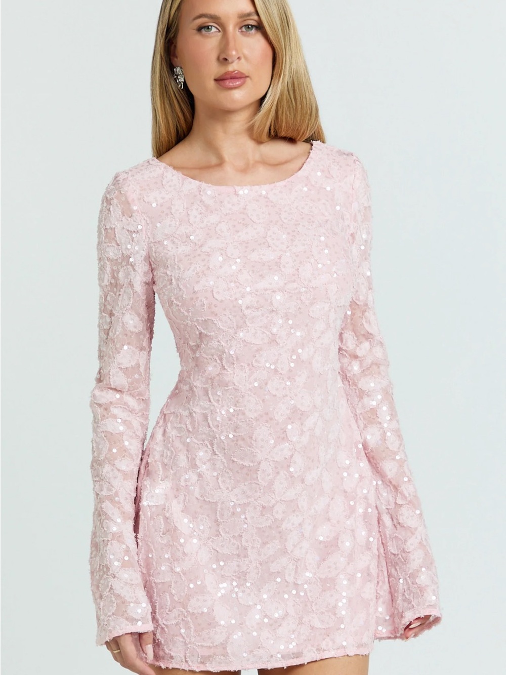 Showpo Terri mini dress long sleeve cowl back neck dress pale pink